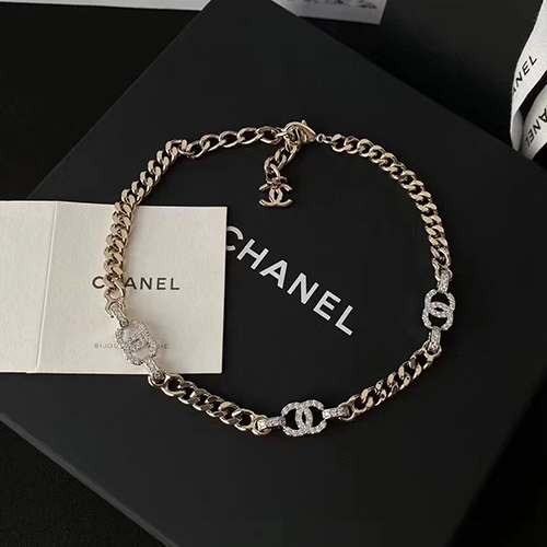 CHANEL-7030 샤넬 골드 크리스탈 장식 체인 목걸이