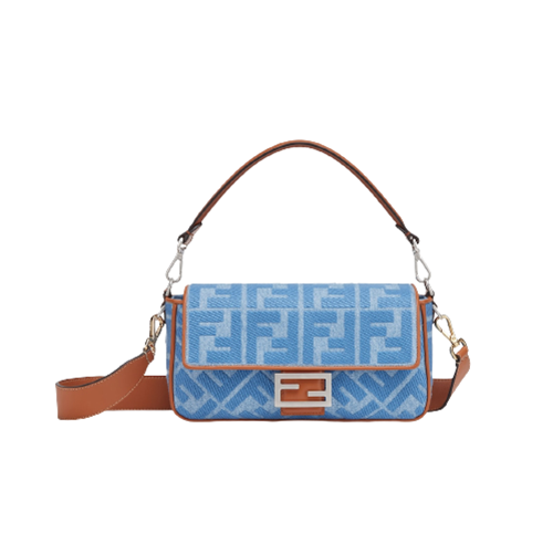 [스페셜오더]FENDI-8BR600 펜디 라이트 블루 데님 FF 자수 장식 미디엄 바게트 백 27CM