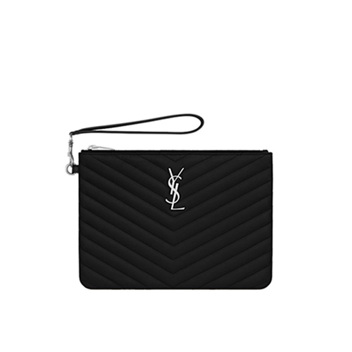 SAINT LAURENT-379039 생 로랑 블랙 퀼티드 송아지 가죽 은장 모노그램 파우치