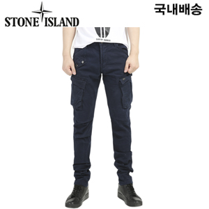 [자체제작] STONEISLAND-바이오워싱 로고탭 슬림 카고팬츠 네이비